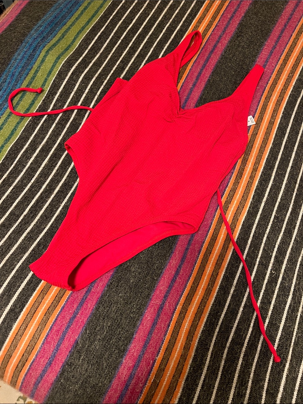 Red Target One-Piece Swimsuit - Ribbed Classic V-Neck Medium with ties
